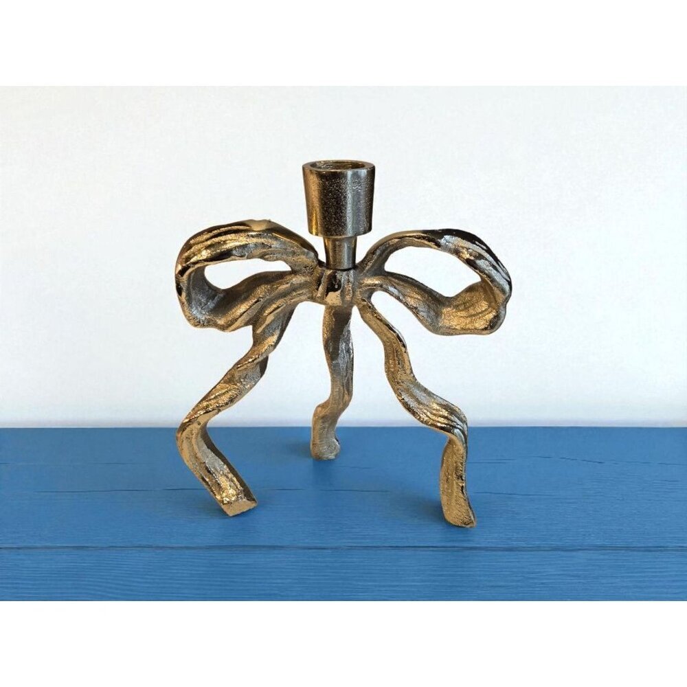 New Large MCM Gold Metal Standing Bow Girly Candle Holder Table Room Decor